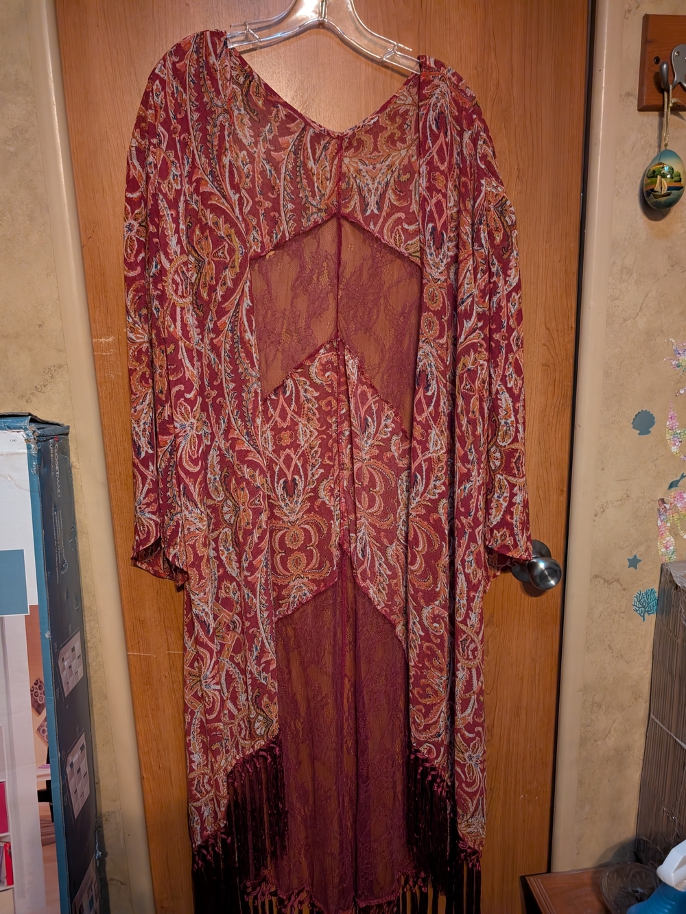 Sheer Paisley Lace Duster Kimono - Burgundy